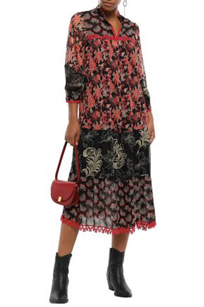 Shop Anna Sui Woman Lace-trimmed Printed Silk-georgette Midi Dress Black