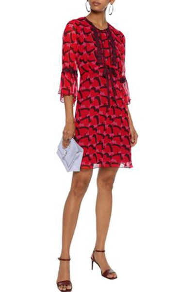 Shop Anna Sui Woman Guipure Lace-trimmed Printed Silk-georgette Mini Dress Red