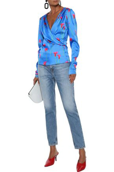 Shop Caroline Constas Berdine Wrap-effect Floral-print  Stretch-silk Satin Blouse In Azure