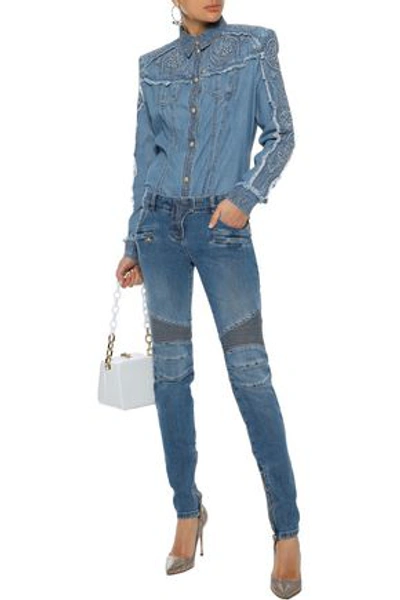 Shop Balmain Moto-style Faded Low-rise Skinny Jeans In Mid Denim