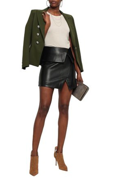 Shop Balmain Wrap-effect Leather Mini Skirt In Black