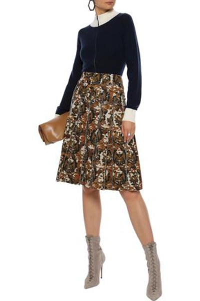 Shop Bottega Veneta Woman Eyelet-embellished Pleated Printed Scuba Skirt Brown