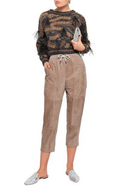 Shop Brunello Cucinelli Woman Cropped Suede Track Pants Neutral