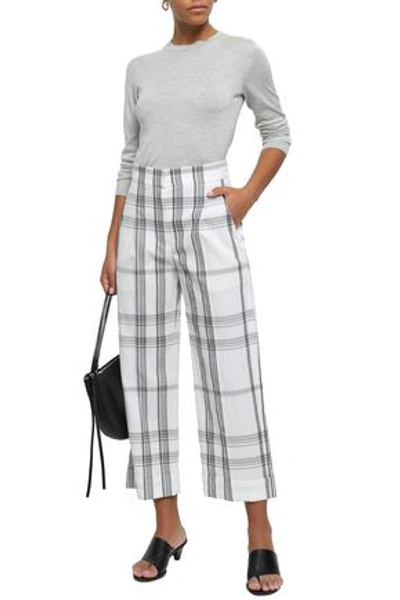 Shop Brunello Cucinelli Woman Cropped Checked Crinkled Cotton-blend Wide-leg Pants White