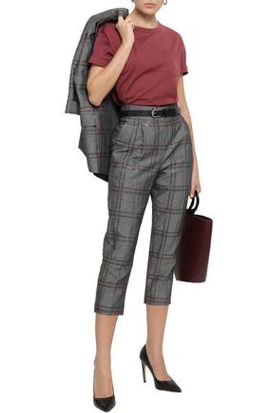 Shop Brunello Cucinelli Woman Sequin-embellished Herringbone Cotton And Linen-blend Tapered Pants Anthrac In Anthracite