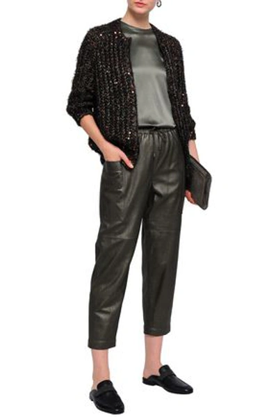 Shop Brunello Cucinelli Woman Cropped Metallic Leather Straight-leg Pants Grey Green