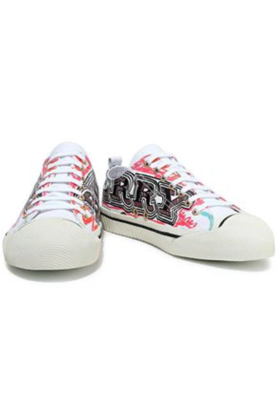 Shop Burberry Woman Printed Coated-canvas Sneakers Off-white