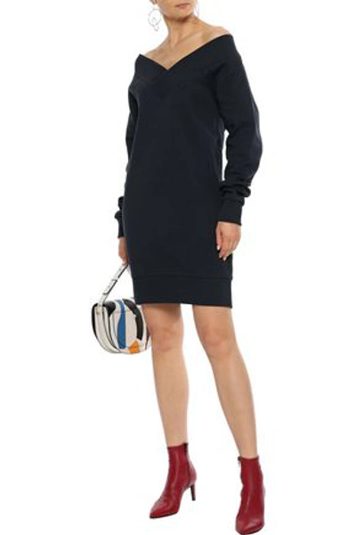 Shop Burberry Woman Off-the-shoulder Cotton-blend Fleece Mini Dress Navy