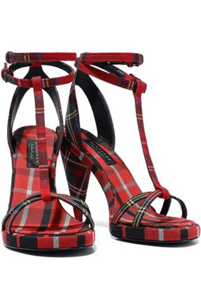 Shop Burberry Woman Checked Wool-canvas Sandals Red