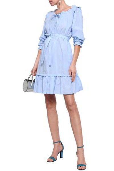 Shop Burberry Woman Ruffle-trimmed Pintucked Cotton-poplin Mini Dress Sky Blue