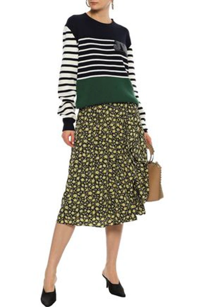 Shop Burberry Woman Zip-detailed Draped Floral-print Silk Midi Skirt Yellow