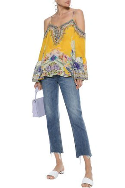 Shop Camilla Mellow Muse Cold-shoulder Embellished Washed-silk Blouse In Multicolor