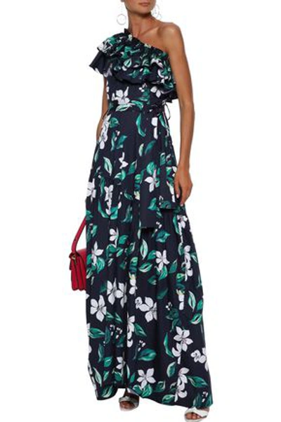 Shop Caroline Constas Woman Rhea One-shoulder Ruffled Floral-print Cotton-blend Poplin Maxi Dress Midnigh In Midnight Blue