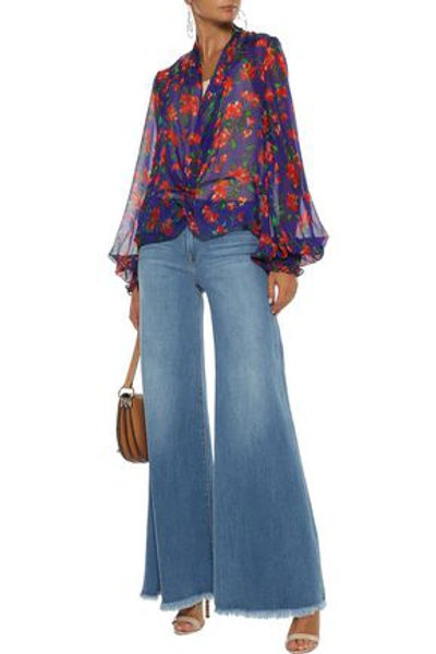 Shop Caroline Constas Woman Bette Twist-front Floral-print Silk-chiffon Blouse Purple