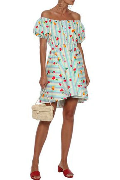 Shop Caroline Constas Woman Bardot Off-the-shoulder Printed Stretch-cotton Poplin Mini Dress Sky Blue