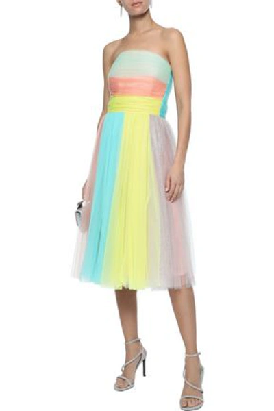 Shop Delpozo Woman Strapless Metallic Mesh-paneled Color-block Silk-blend Tulle Dress Multicolor