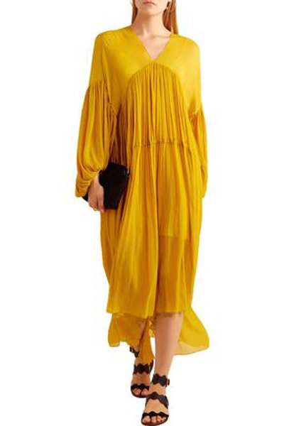 Shop Chloé Gathered Silk-georgette Midi Dress In Yellow