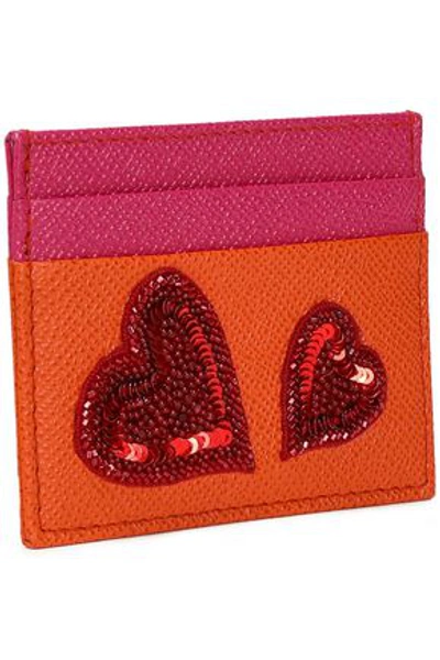 Shop Dolce & Gabbana Woman Appliquéd Two-tone Textured-leather Cardholder Bright Orange