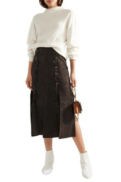 Shop Chloé Tassel-trimmed Suede Midi Skirt In Dark Brown