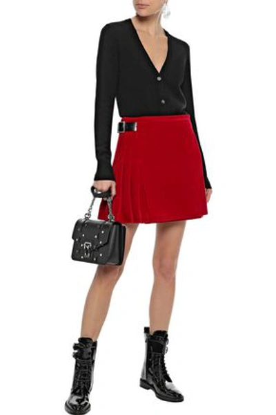 Shop Christopher Kane Woman Buckled Leather-trimmed Velvet Mini Skirt Crimson