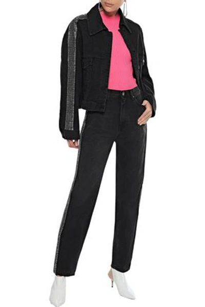 Shop Christopher Kane Woman Cropped Crystal-embellished Denim Jacket Black