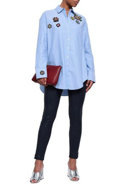 Shop Cinq À Sept Woman Embellished Cotton-poplin Shirt Light Blue