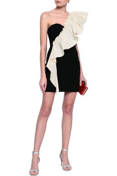 Shop Cinq À Sept Woman One-shoulder Ruffled Twill And Crepe Mini Dress Black