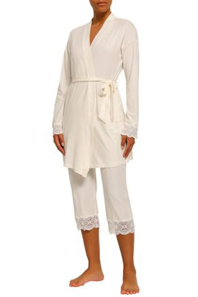 Shop Cosabella Lace-trimmed Cotton-blend Jersey Robe In Ivory