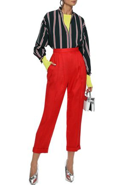 Shop Delpozo Woman Cropped Pleated Woven Straight-leg Pants Red