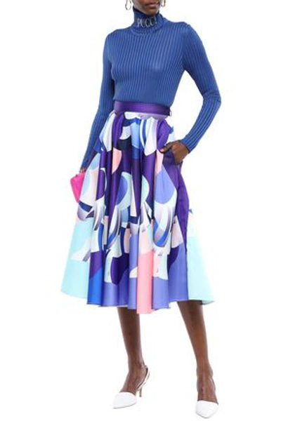 Shop Emilio Pucci Woman Flared Printed Duchesse-satin Midi Skirt Royal Blue