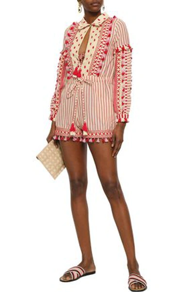 Shop Dodo Bar Or Woman Vala Embroidered Striped Cotton-gauze Playsuit Red