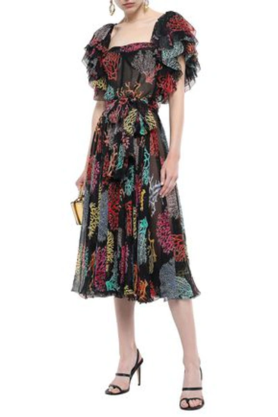 Shop Dolce & Gabbana Ruffle-trimmed Printed Silk-chiffon Midi Dress In Black