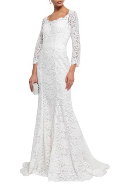 Shop Dolce & Gabbana Woman Fluted Cotton-blend Corded Lace Gown White