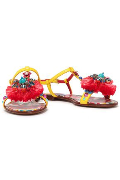 Shop Dolce & Gabbana Bianca Carret Embellished Lizard-effect Leather Slingback Sandals In Yellow