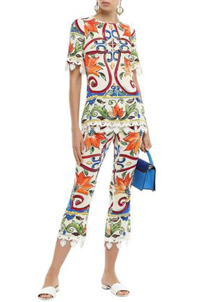 Shop Dolce & Gabbana Woman Crochet-trimmed Printed Silk-blend Crepe Kick-flare Pants Off-white