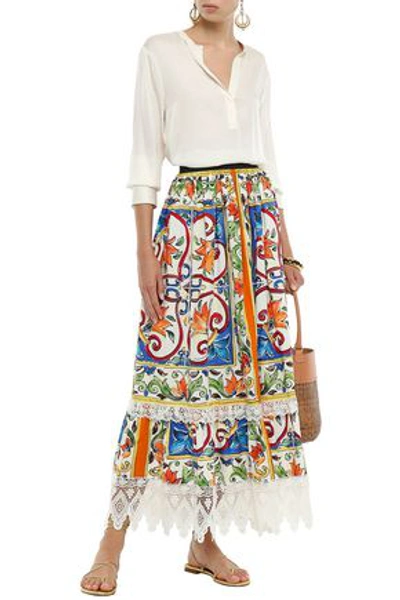 Shop Dolce & Gabbana Woman Guipure Lace-trimmed Cotton-poplin Maxi Skirt Ivory