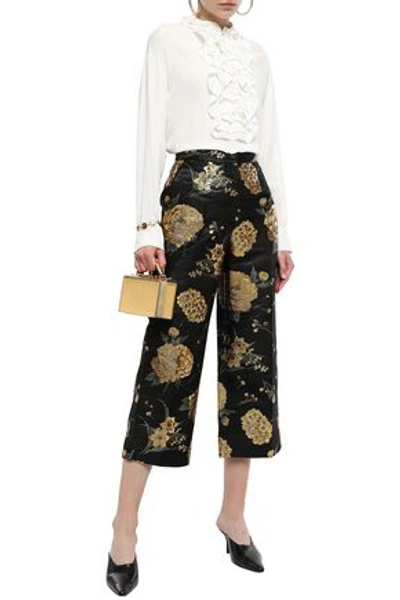 Shop Dolce & Gabbana Cropped Metallic Floral-jacquard Wide-leg Pants In Black