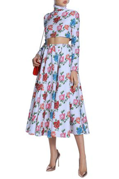 Shop Emilia Wickstead Jane Pleated Floral-print Cloqué Midi Skirt In Sky Blue