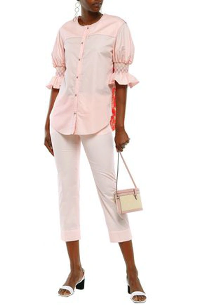 Shop Emilio Pucci Woman Floral-print Twill-paneled Smocked Cotton And Silk-blend Shirt Peach