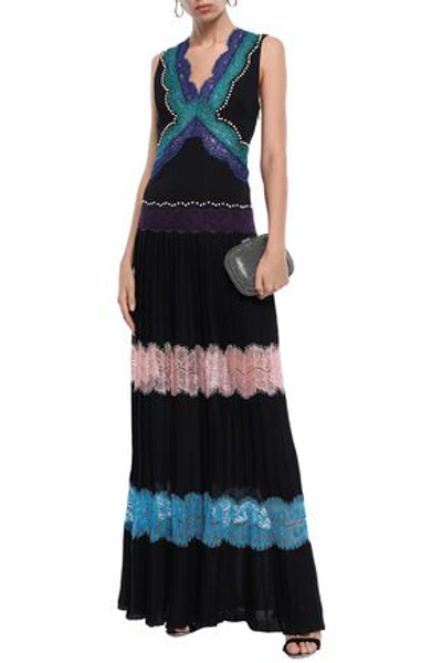 Shop Emilio Pucci Lace-paneled Studded Silk Crepe De Chine Gown In Black
