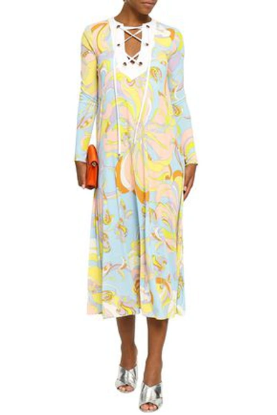 Shop Emilio Pucci Woman Lace-up Printed Jersey Midi Dress Bright Yellow