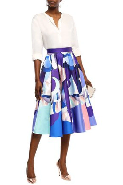 Shop Emilio Pucci Woman Flared Sequin-embellished Printed Duchesse-satin Midi Skirt Royal Blue