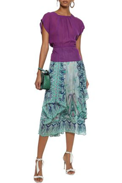 Shop Etro Woman Gathered Printed Silk-georgette Midi Skirt Teal