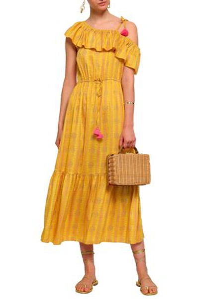 Shop Figue Woman Miguelina One-shoulder Printed Silk-gauze Midi Dress Saffron