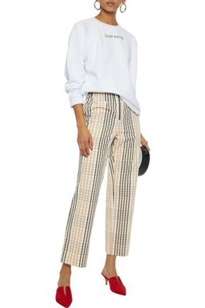 Shop Ganni Cropped Checked Cotton Straight-leg Pants In Sand