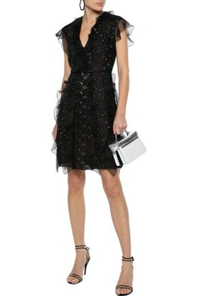 Shop Giambattista Valli Woman Ruffled Polka-dot Chiffon-trimmed Cotton-blend Guipure Lace Mini Dress Blac In Black
