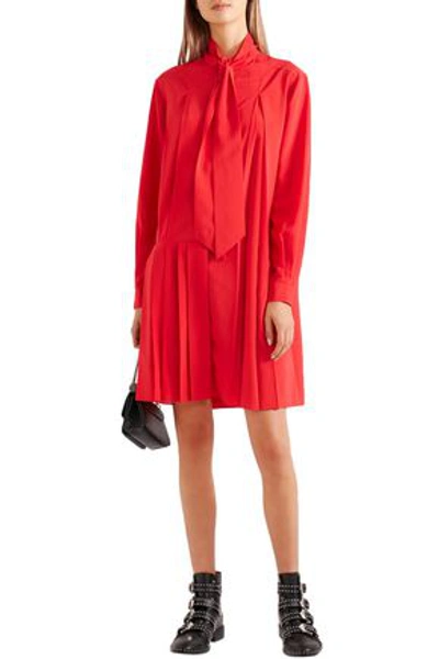 Shop Givenchy Tie-neck Pleated Silk-blend Crepe De Chine Mini Dress In Red