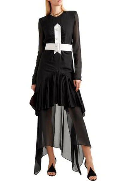 Shop Givenchy Belted Button-embellished Pleated Silk-chiffon Maxi Dress In Black