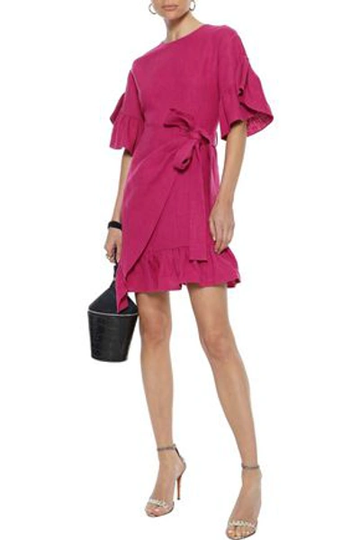 Shop Goen J Asymmetric Wrap-effect Ruffle-trimmed Linen Mini Dress In Fuchsia