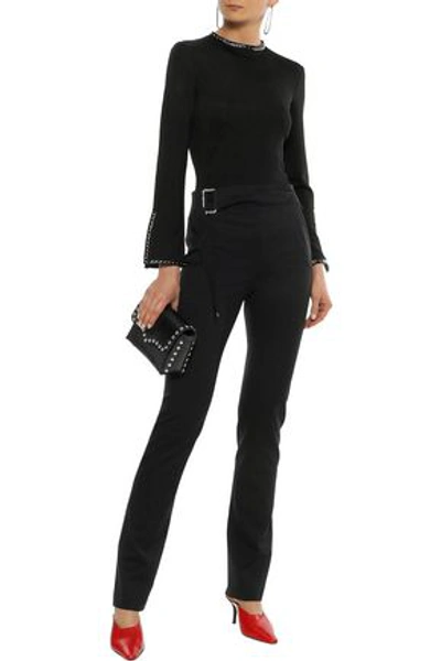 Shop Helmut Lang Woman Studded Faux Leather-trimmed Stretch-jersey Top Black